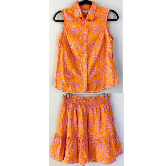 J. Crew Dresses & Skirts - J Crew Ruffle Smocked Waist Mini Skirt‎ Sleeveless Button Up Blouse Set S Orange